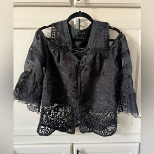 022 I TOO Black Lace Detail Off Shoulder Blouse